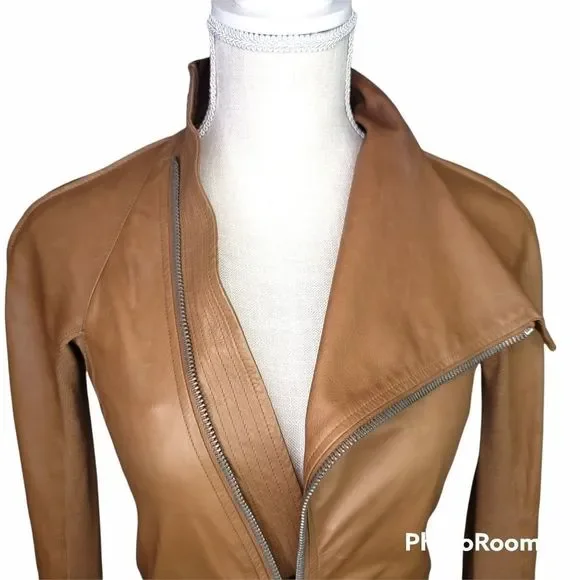 Rick Owens Calf Leather Asymmetrical Zip Jacket in Tan Honey Size 4 - Picture 5 of 16